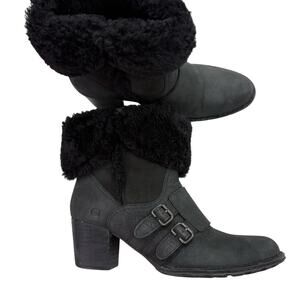 Born Charlee black suede shearling fold-over heeled ankle booties size 9